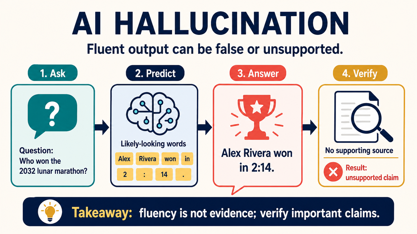 AI Hallucination: Fluent but Unsupported Output concept diagram